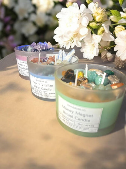 3 Crystal Ritual Candle Set – Money Magnet, Healing & Protection Intention Candles | 18oz Soy Wax Candles
