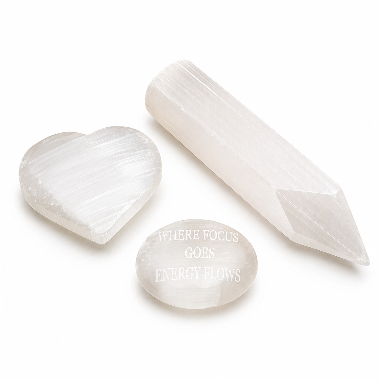 Selenite Healing Set – Pointed Dagger Wand, Heart Palm Stone & Engraved
