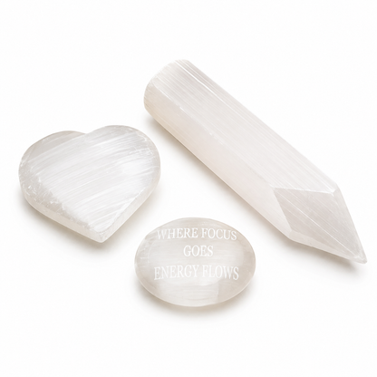 Selenite Healing Set – Pointed Dagger Wand, Heart Palm Stone & Engraved