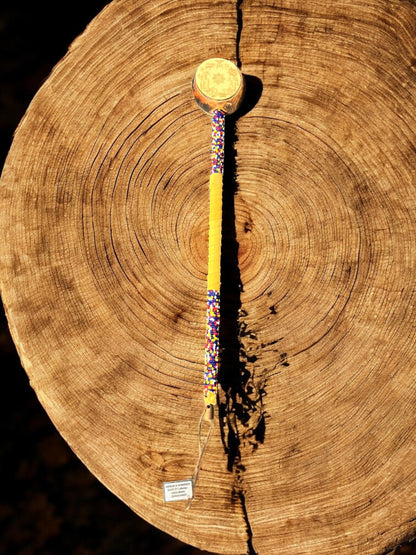Authentic Native American Engraved Rattle 20" Leather & Bead Wrapped By Creek Artist La Ne Ayo