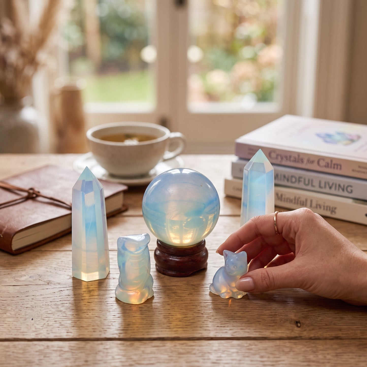 Opalite Crystal Set – Sphere, Double Towers, Snake & Cat Carvings | Meditation, Energy Healing