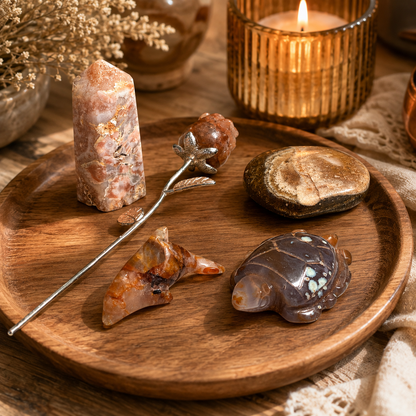 Natural Agate Crystal Collection Gift Set – Agate Tower, Turtle, Dolphin, Palm Stone & Crystal Rose