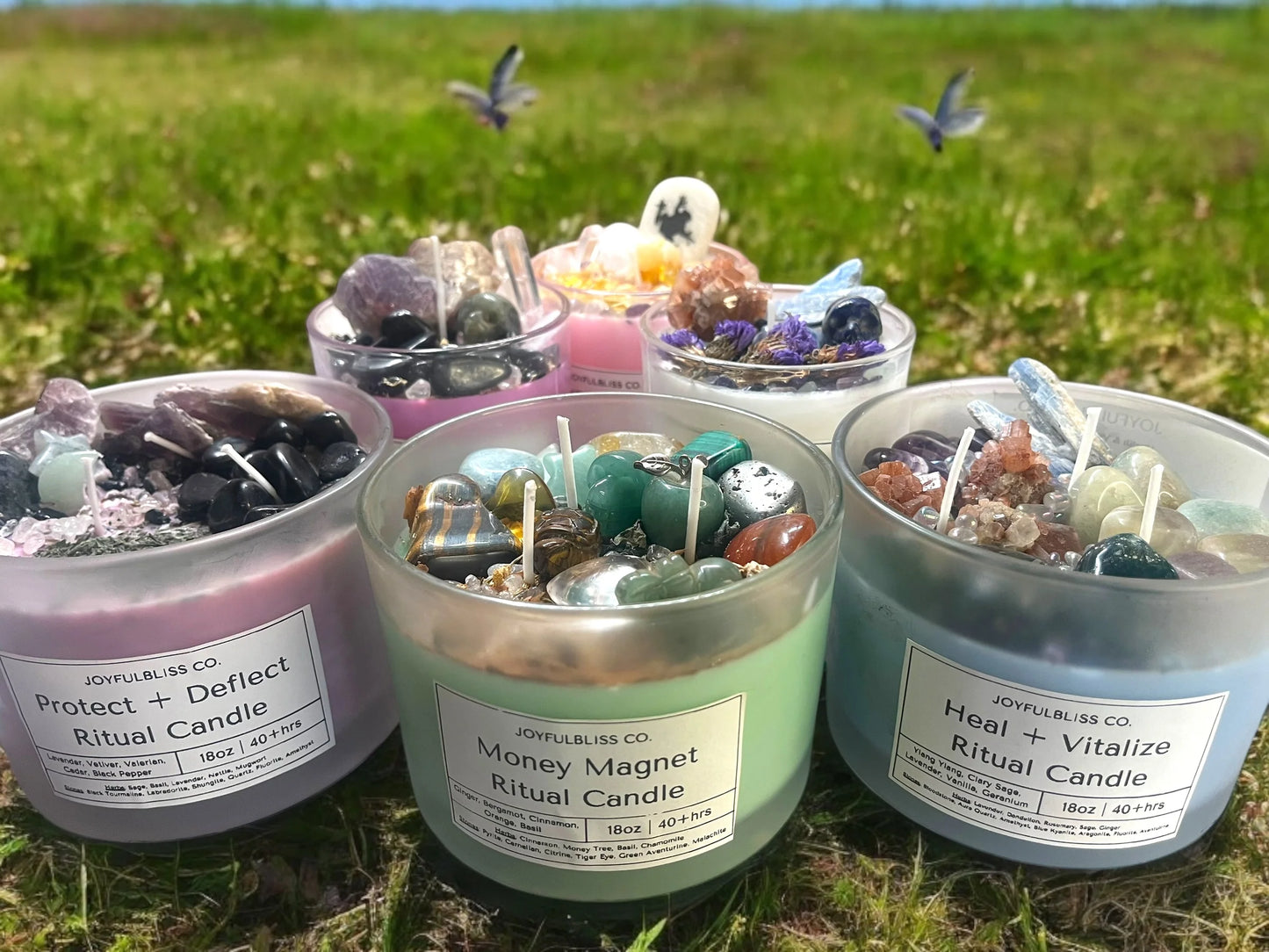 3 Crystal Ritual Candle Set – Money Magnet, Healing & Protection Intention Candles | 18oz Soy Wax Candles