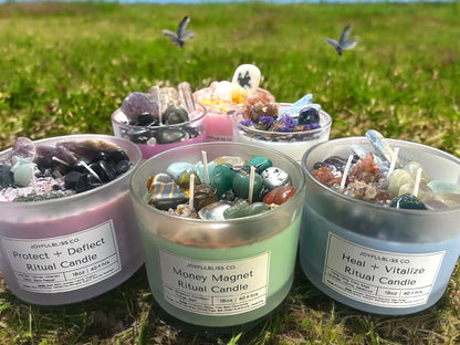 3 Crystal Ritual Candle Set – Money Magnet, Healing & Protection Intention Candles | 18oz Soy Wax Candles