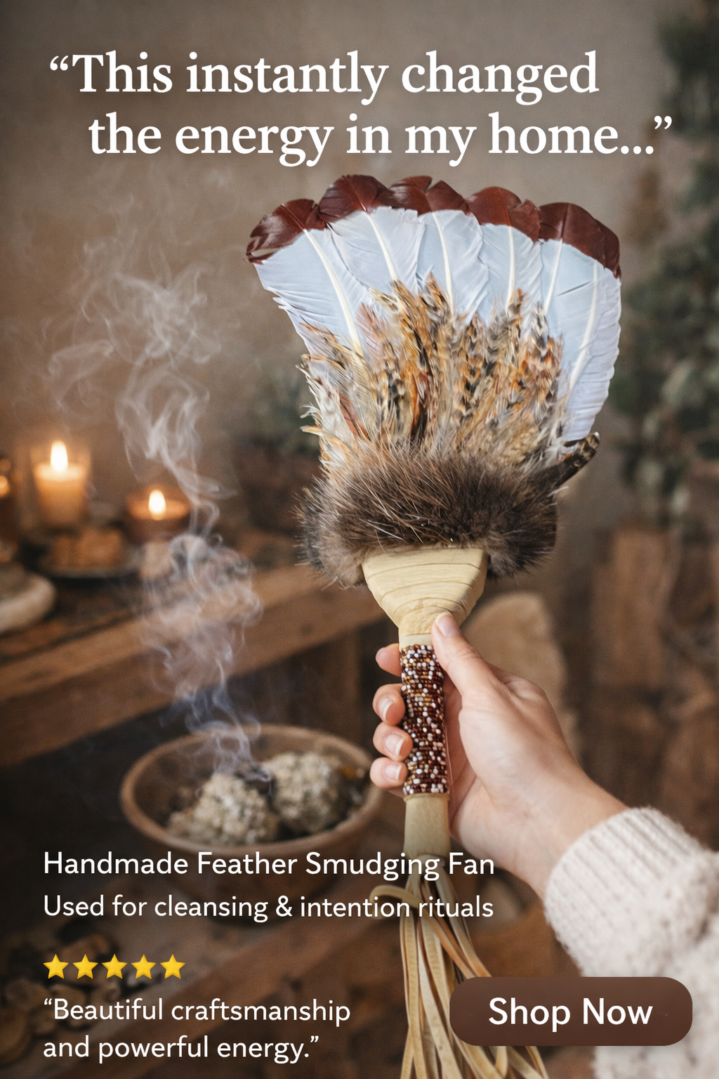 Authentic Creek Feather Smudge Prayer Fan: Native American Handcrafted by La Ne Ayo Artist
