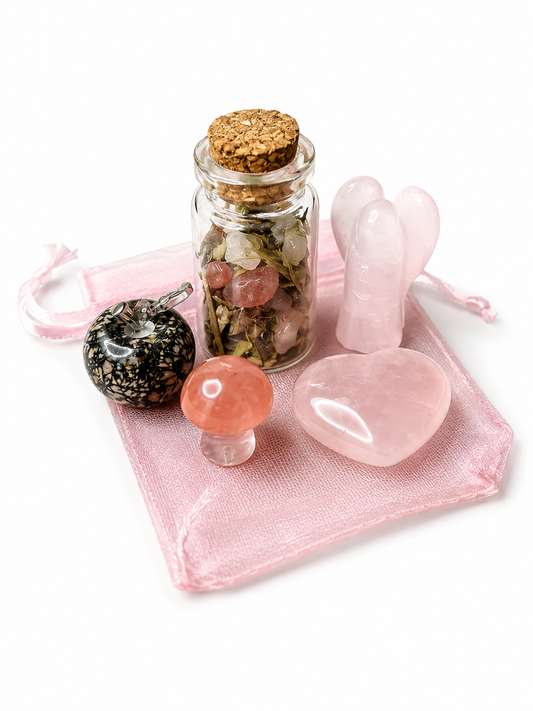 Love & Joy Mojo Bag – Crystal Charm Set for Heart Healing & Self-Love