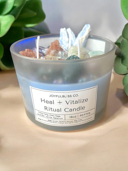 Heal + Vitalize Ritual Candle – 18oz Crystal Healing Candle for Energy Renewal, Wellness & Chakra Balance | JoyfulBliss Co