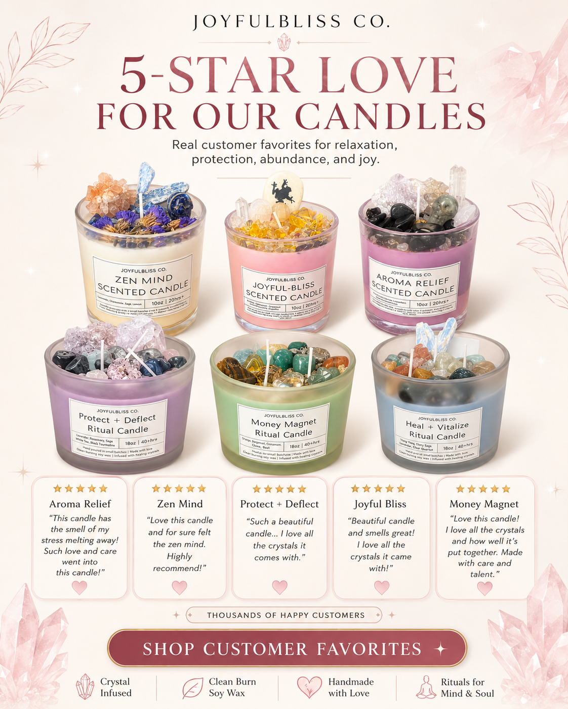 3 Crystal Ritual Candle Set – Money Magnet, Healing & Protection Intention Candles | 18oz Soy Wax Candles