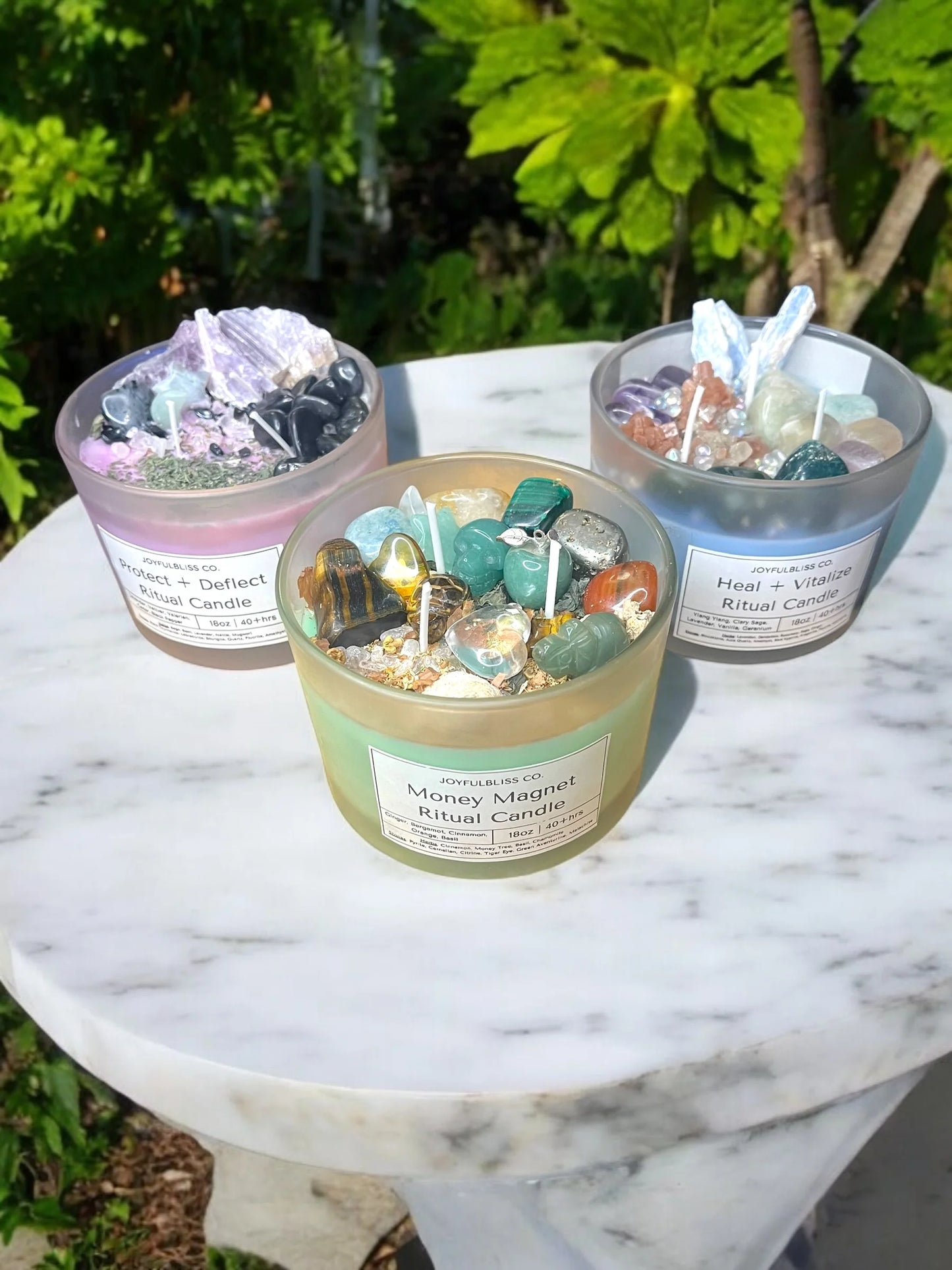 3 Crystal Ritual Candle Set – Money Magnet, Healing & Protection Intention Candles | 18oz Soy Wax Candles