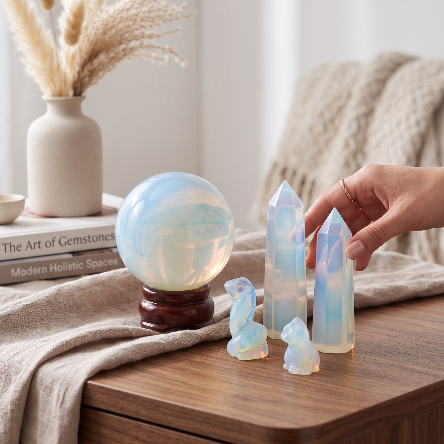 Opalite Crystal Set – Sphere, Double Towers, Snake & Cat Carvings | Meditation, Energy Healing