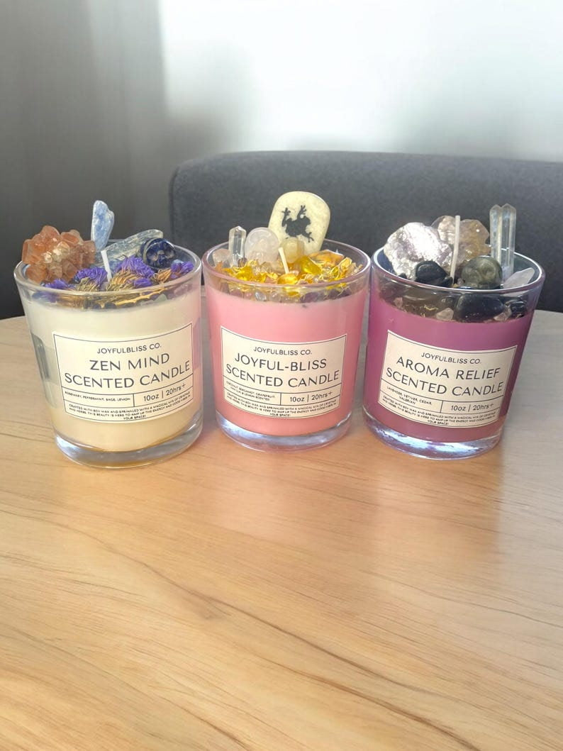 3 Scented Candle Collection Set | Zen Mind, Joyful-Bliss & Aroma Relief Crystal Botanical Candles