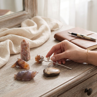 Natural Agate Crystal Collection Gift Set – Agate Tower, Turtle, Dolphin, Palm Stone & Crystal Rose