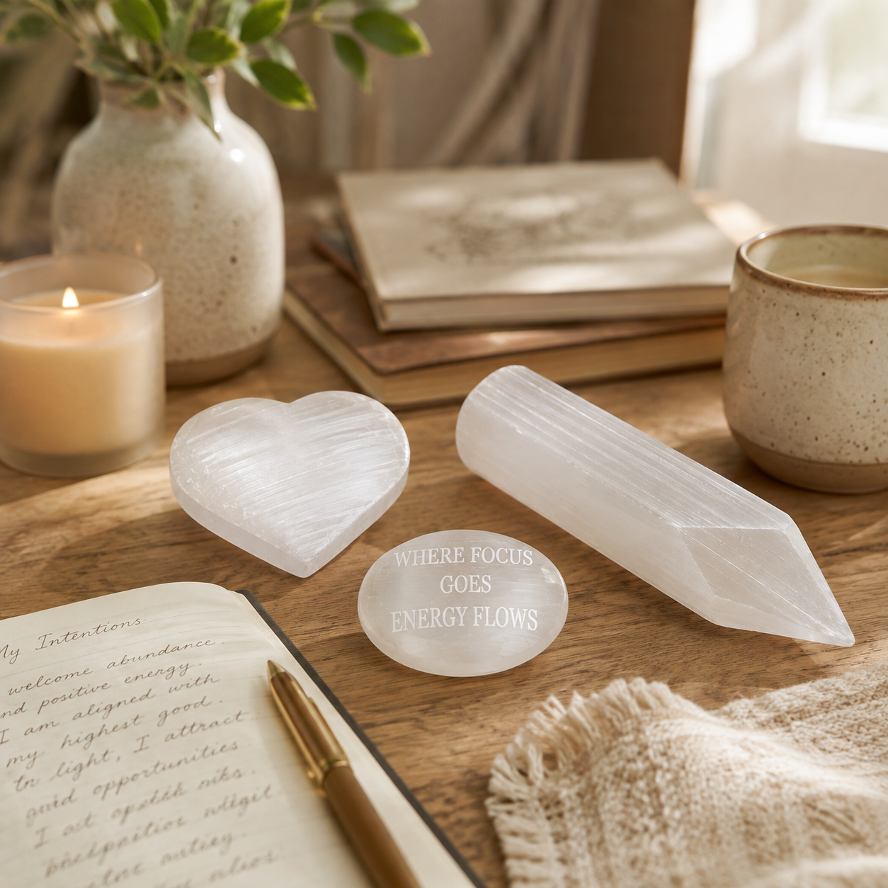 Selenite Healing Set – Pointed Dagger Wand, Heart Palm Stone & Engraved
