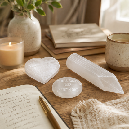 Selenite Healing Set – Pointed Dagger Wand, Heart Palm Stone & Engraved