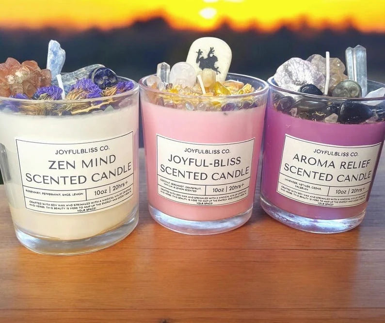 3 Scented Candle Collection Set | Zen Mind, Joyful-Bliss & Aroma Relief Crystal Botanical Candles