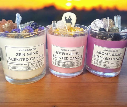 3 Scented Candle Collection Set | Zen Mind, Joyful-Bliss & Aroma Relief Crystal Botanical Candles