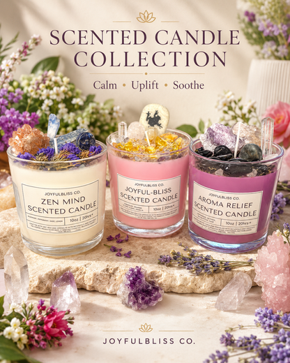 3 Scented Candle Collection Set | Zen Mind, Joyful-Bliss & Aroma Relief Crystal Botanical Candles