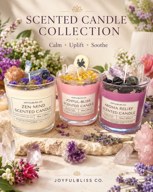 3 Scented Candle Collection Set | Zen Mind, Joyful-Bliss & Aroma Relief Crystal Botanical Candles