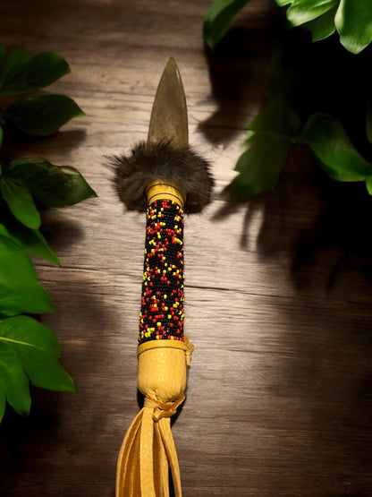 Native American Handmade By Creek Artist La Ne Ayo Buffalo Bone Beaded, Leather Wrapped Knife 13in.