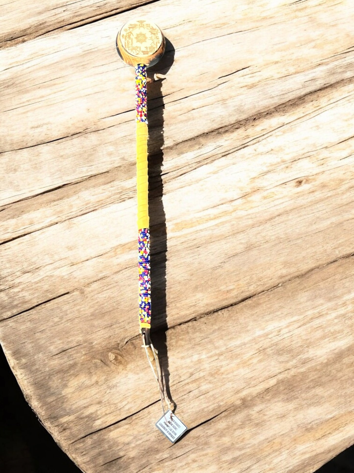 Authentic Native American Engraved Rattle 20" Leather & Bead Wrapped By Creek Artist La Ne Ayo