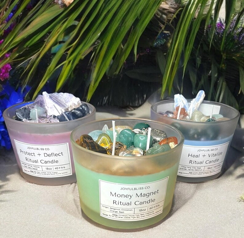 3 Crystal Ritual Candle Set – Money Magnet, Healing & Protection Intention Candles | 18oz Soy Wax Candles