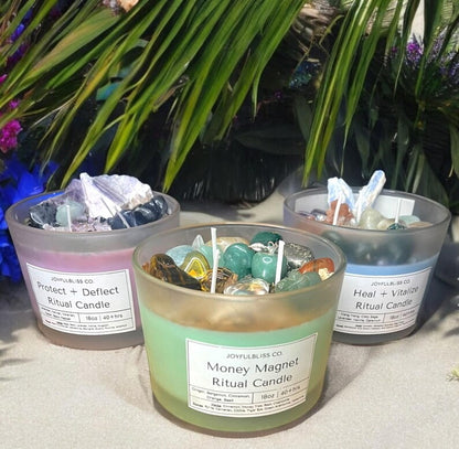 3 Crystal Ritual Candle Set – Money Magnet, Healing & Protection Intention Candles | 18oz Soy Wax Candles