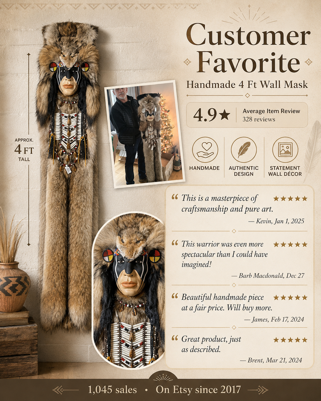 4FT Handmade Native American Wall Mask Bundle by Creek Artist La Ne Ayo — Includes Feather Fan & Rattle | Limited Father’s Day Collector Gift