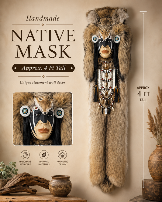4FT Handmade Native American Wall Mask Bundle by Creek Artist La Ne Ayo — Includes Feather Fan & Rattle | Limited Father’s Day Collector Gift