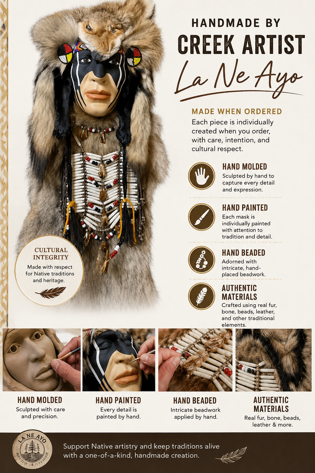 4FT Handmade Native American Wall Mask Bundle by Creek Artist La Ne Ayo — Includes Feather Fan & Rattle | Limited Father’s Day Collector Gift