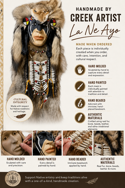 4FT Handmade Native American Wall Mask Bundle by Creek Artist La Ne Ayo — Includes Feather Fan & Rattle | Limited Father’s Day Collector Gift
