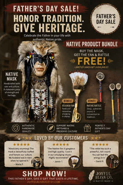 4FT Handmade Native American Wall Mask Bundle by Creek Artist La Ne Ayo — Includes Feather Fan & Rattle | Limited Father’s Day Collector Gift