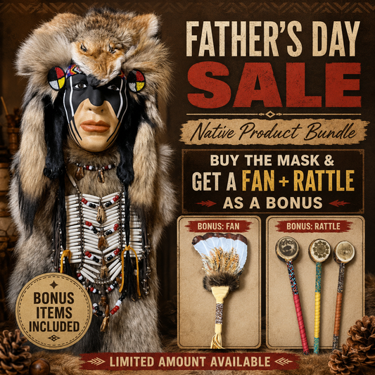 4FT Handmade Native American Wall Mask Bundle by Creek Artist La Ne Ayo — Includes Feather Fan & Rattle | Limited Father’s Day Collector Gift
