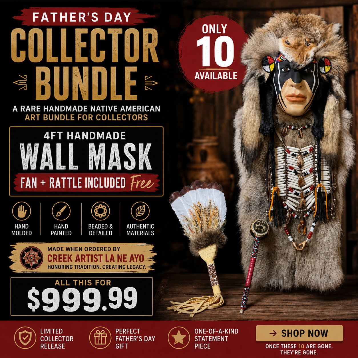 4FT Handmade Native American Wall Mask Bundle by Creek Artist La Ne Ayo — Includes Feather Fan & Rattle | Limited Father’s Day Collector Gift
