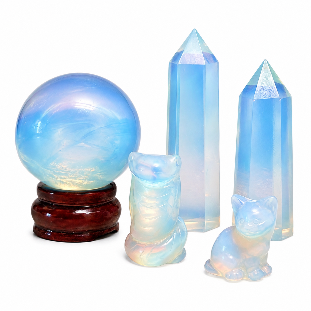 Opalite Crystal Set – Sphere, Double Towers, Snake & Cat Carvings | Meditation, Energy Healing