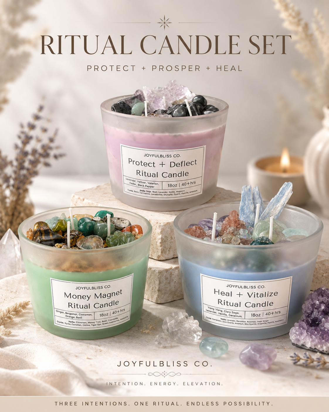 3 Crystal Ritual Candle Set – Money Magnet, Healing & Protection Intention Candles | 18oz Soy Wax Candles