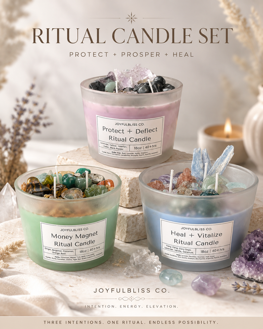 3 Crystal Ritual Candle Set – Money Magnet, Healing & Protection Intention Candles | 18oz Soy Wax Candles