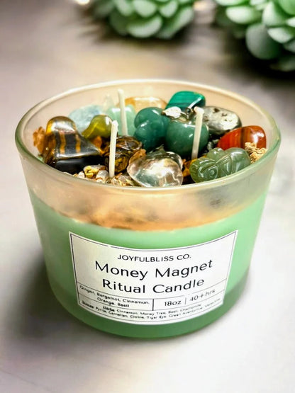 3 Crystal Ritual Candle Set – Money Magnet, Healing & Protection Intention Candles | 18oz Soy Wax Candles