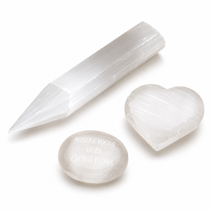 Selenite Healing Set – Pointed Dagger Wand, Heart Palm Stone & Engraved