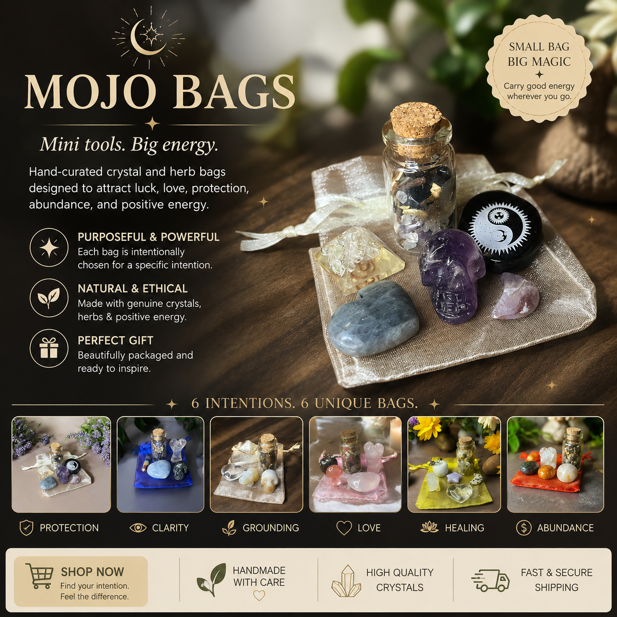 Mojo Bag Collection Set – 6 Intention Crystal & Herb Ritual Bags