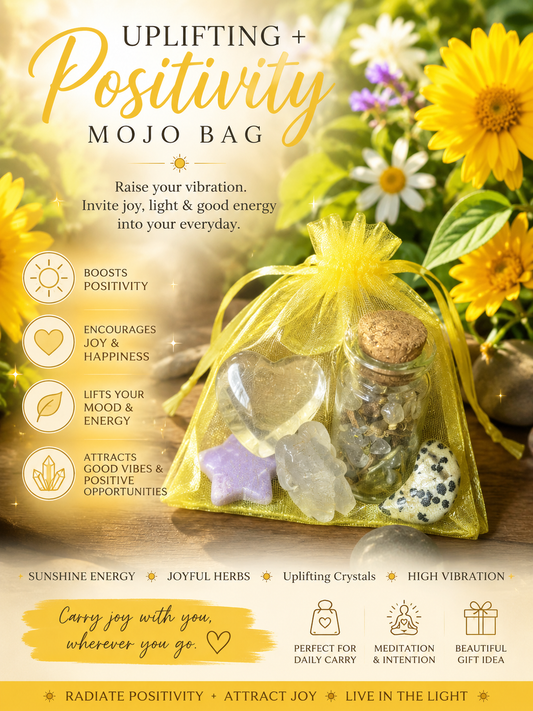 Uplifting + Positivity Mojo Bag, Crystal Charm Set for Joy, Light Energy & Emotional Uplift | Handmade Intention Kit with Herbs + Stones