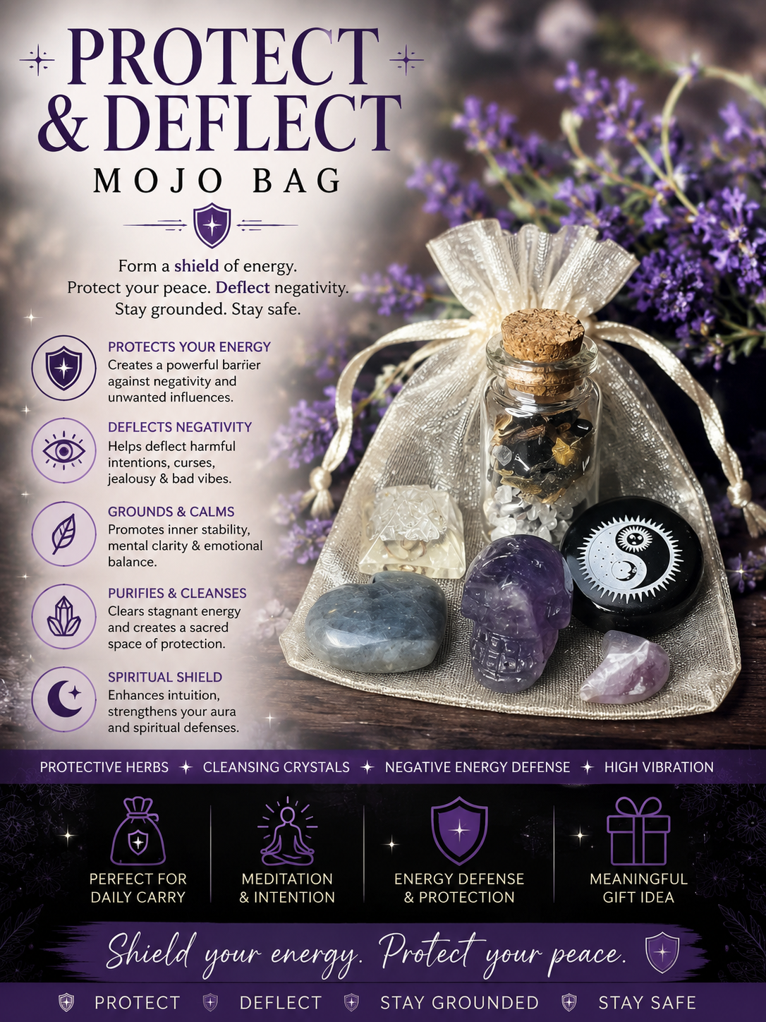 Protect + Deflect Mojo Bag – Crystal Charm Set for Energy Shielding, Aura Protection & Psychic Defense | Handmade Spiritual Armor Kit
