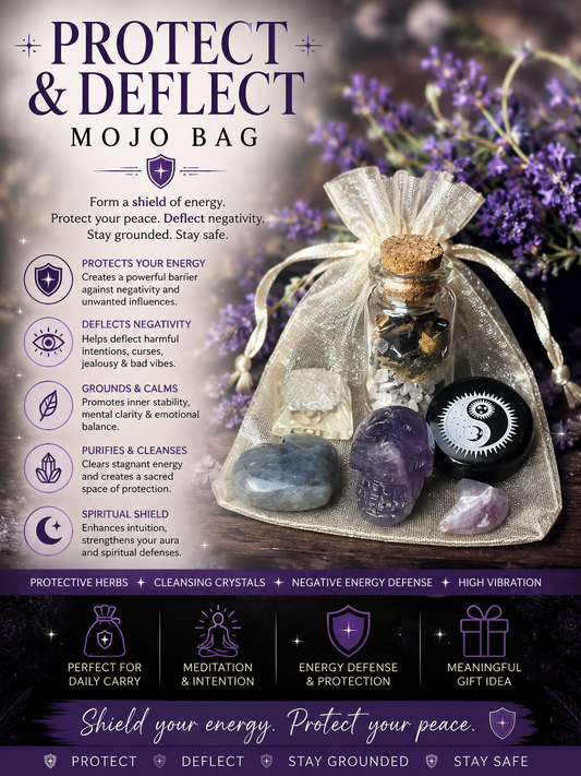Protect + Deflect Mojo Bag – Crystal Charm Set for Energy Shielding, Aura Protection & Psychic Defense | Handmade Spiritual Armor Kit