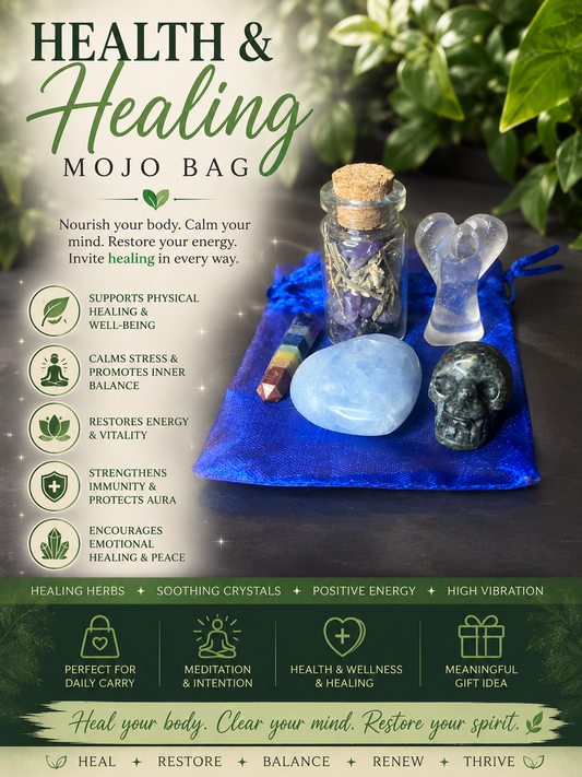 Health + Vitality Mojo Bag – Crystal Healing Charm Set for Wellness, Energy Renewal & Chakra Balance