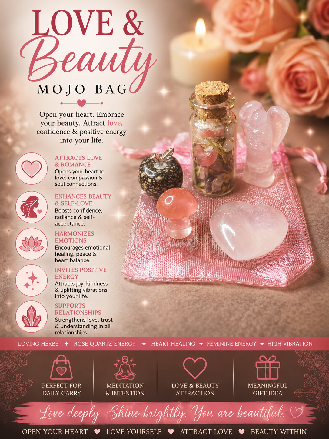 Love & Joy Mojo Bag – Crystal Charm Set for Heart Healing, Self-Love, and Emotional Uplift | Intention-Charged Ritual Kit