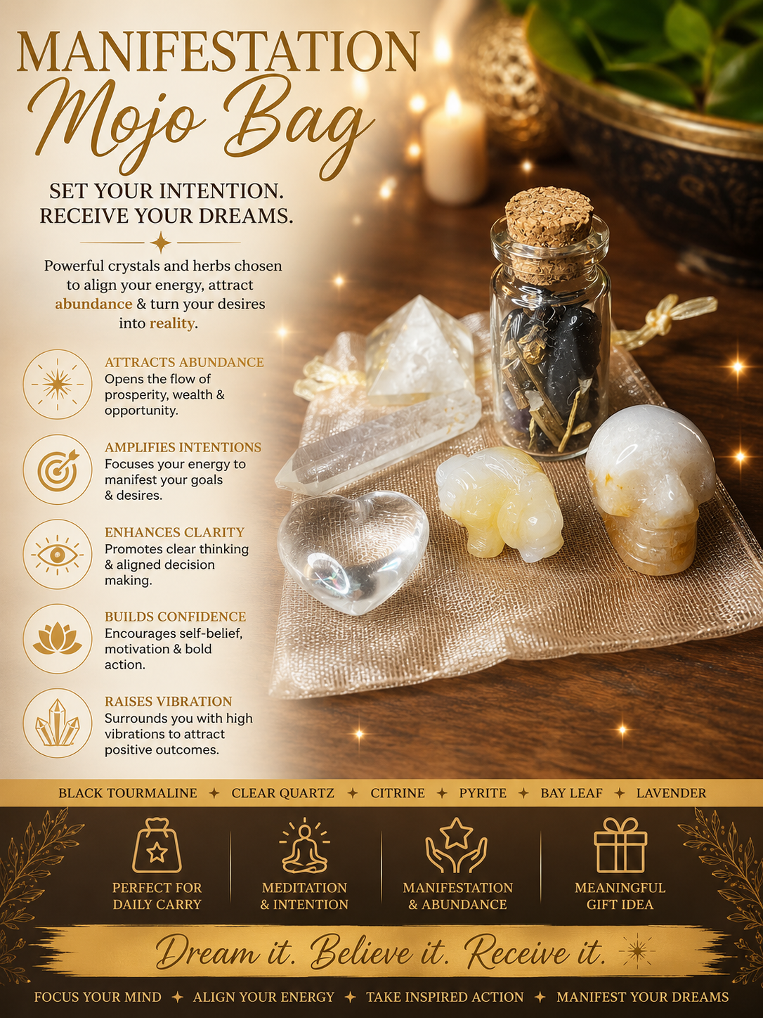 Manifesting Mojo Bag – Intention-Charged Crystal Set for Abundance, Vision & Spiritual Alignment | Handmade Law of Attraction Kit