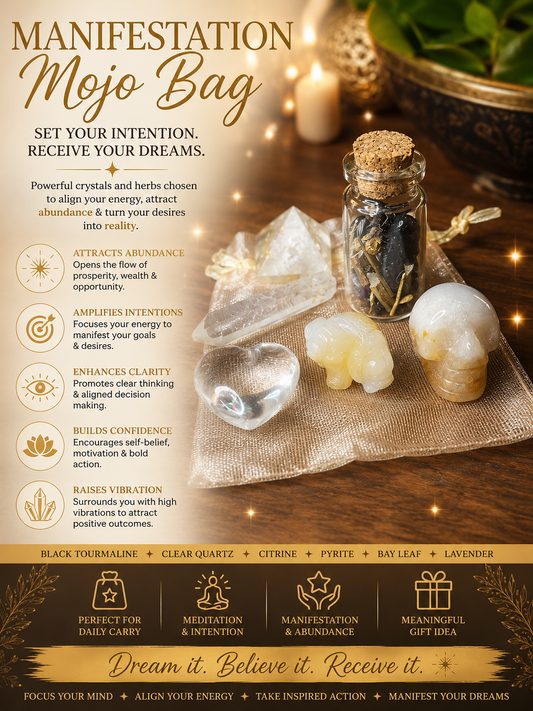 Manifesting Mojo Bag – Intention-Charged Crystal Set for Abundance, Vision & Spiritual Alignment | Handmade Law of Attraction Kit