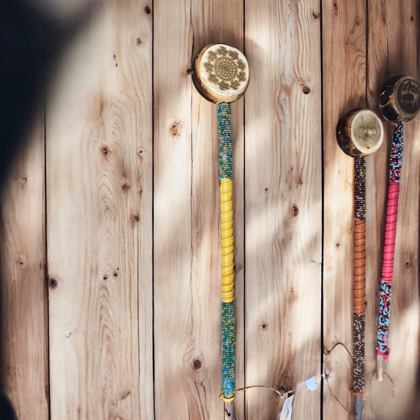 Authentic Native American Engraved Rattle 20" Leather & Bead Wrapped By Creek Artist La Ne Ayo - JoyfulBliss Co.