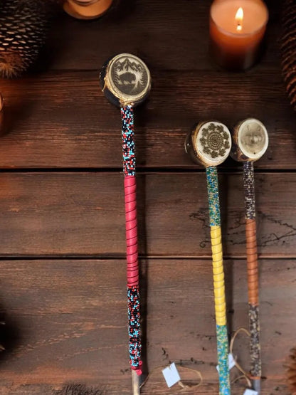 Authentic Native American Engraved Rattle 20" Leather & Bead Wrapped By Creek Artist La Ne Ayo - JoyfulBliss Co.