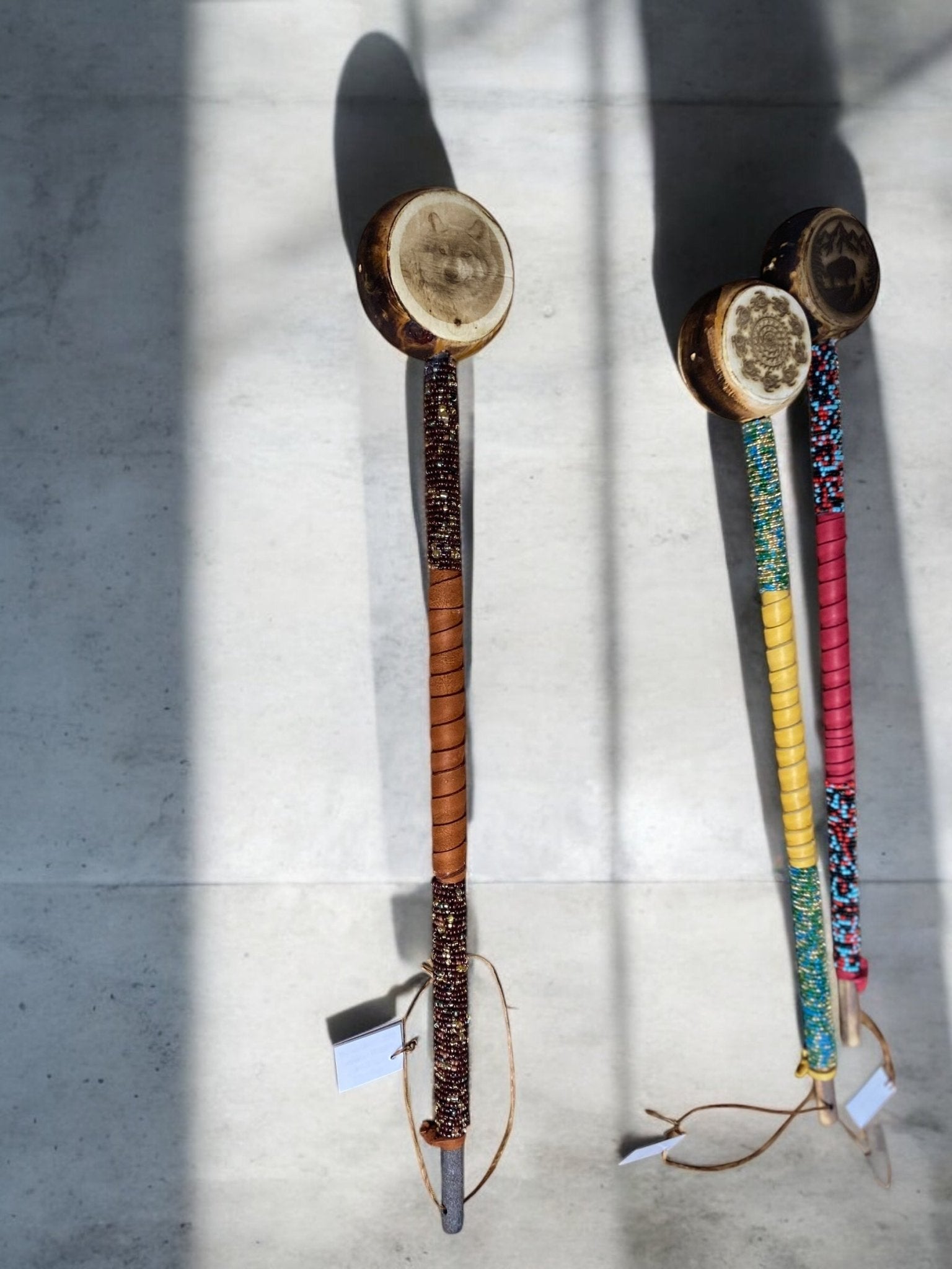 Authentic Native American Engraved Rattle 20" Leather & Bead Wrapped By Creek Artist La Ne Ayo - JoyfulBliss Co.