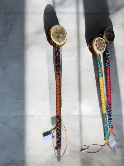 Authentic Native American Engraved Rattle 20" Leather & Bead Wrapped By Creek Artist La Ne Ayo - JoyfulBliss Co.